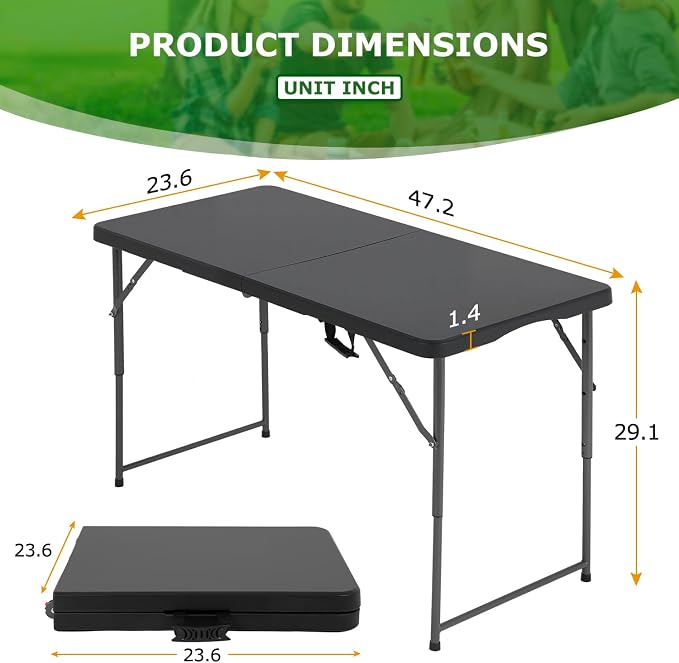 BestOffice 4 FT Picnic Table Folding Table Camping Plastic Table Fold Up Table Lock for Party Event, Black