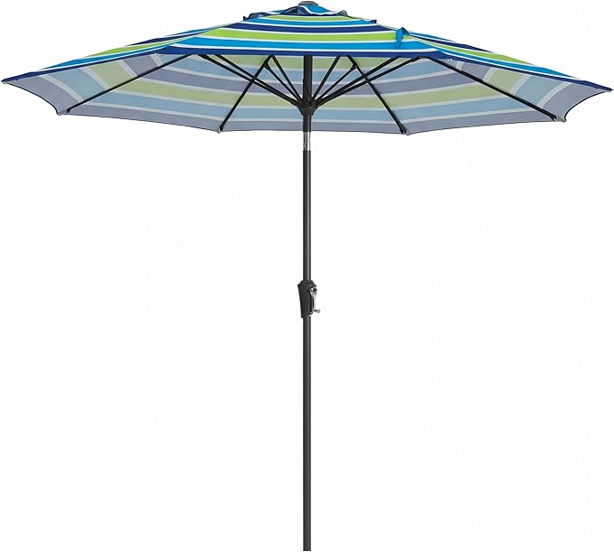 JEAREY 9FT Outdoor Patio Umbrella,Market Table Umbrella with 8 Fiberglass Ribs, Pool Umbrella with Tilt and Crank, UV Protection Lightweight & Wind-Resistant for Lawn, Garden, Deck and Backyard, Blue-Green Stripe