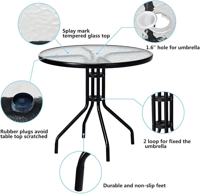 Goplus 32" Outdoor Round Patio Table with Umbrella Hole, All Weather Dining Table Tempered Glass Top, Bistro Table Coffee Table Furniture Commercial Party Event for Backyard Lawn Balcony Pool