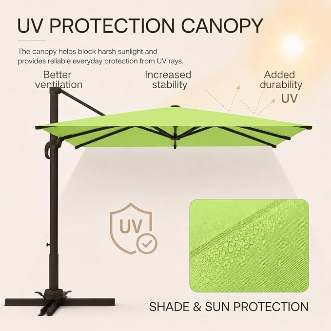 Kingdura 10' X 10' Cantilever Patio Umbrella with Base Included, Large Square Aluminum Outdoor Offset Umbrella with 360-degree Rotation, 4 Position Tilt, UV Protection for Pool Deck Garden Patio (Apple green)