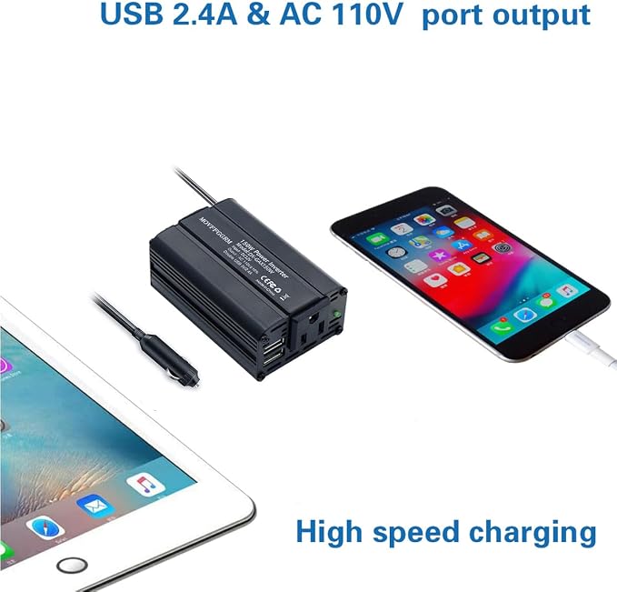 150W Power Inverter 12V DC to 110V AC Car Plug Adapter Outlet Converter with 2.4A Dual USB AC car Charger for Laptop Computer