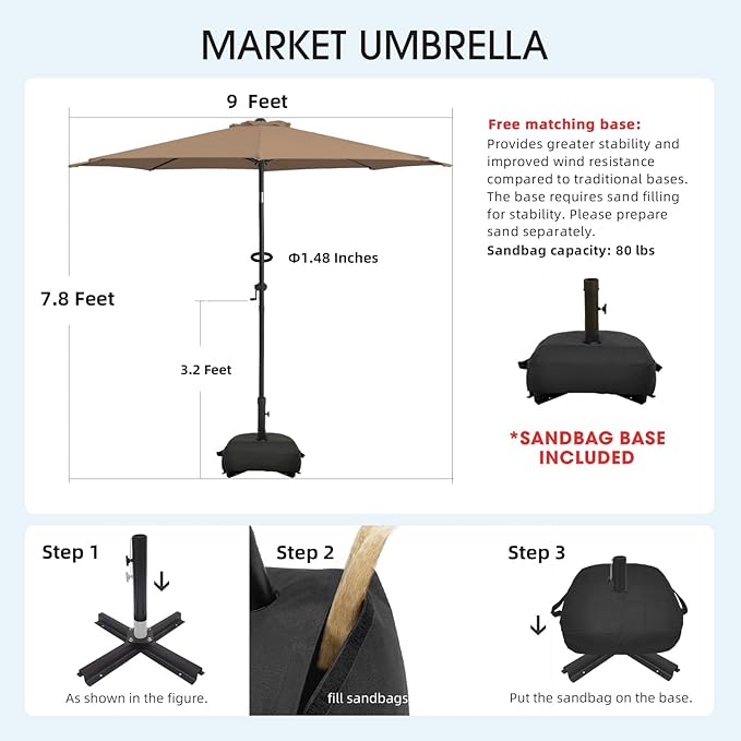 wikiwiki 9FT Patio Umbrella with Base, Outdoor Umbrellas with Base Included, 8 Sturdy Ribs, Waterproof Fade Resistant POLYESTER DTY Canopy for Deck, Lawn, Garden, Backyard & Pool, Tan