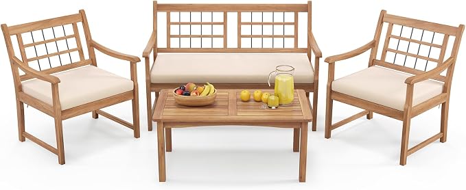RELAX4LIFE Wood Patio Furniture Set - 4-Piece Outdoor Furniture w/Seat Cushions & Coffee Table, Loveseat Sofa Set for Balcony Porch Deck Poolside Backyard, Acacia Wood Conversation Set (Off White)