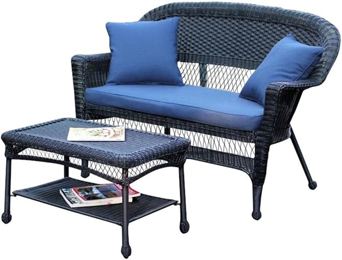 Jeco Wicker Patio Love Seat and Coffee Table Set with Blue Cushion, Black