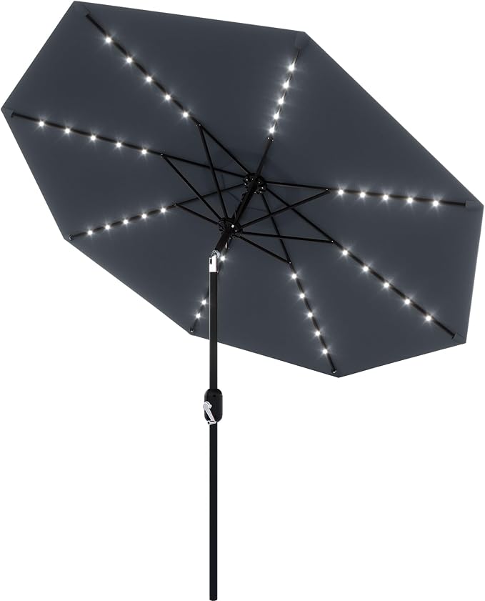 10 ft Patio Umbrella with Solar Lights, Outdoor LED Lighted Umbrella, 40 LED Lights & Tilt Crank, 8 Ribs for Poolside, Deck, Backyard