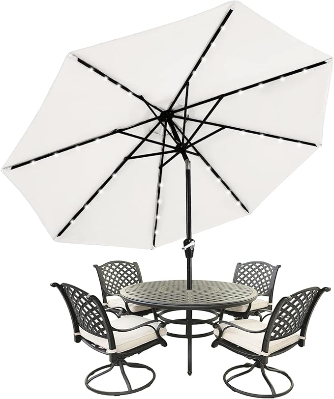 MASTERCANOPY 9FT 8Ribs Patio Umbrella with 32 Solar LED Lights, Outdoor Market Umbrella with Tilt & Crank, UV Protection & Fade Resistant Fabric, Easy Set-Up for Garden, Deck, Pool (Light Beige)