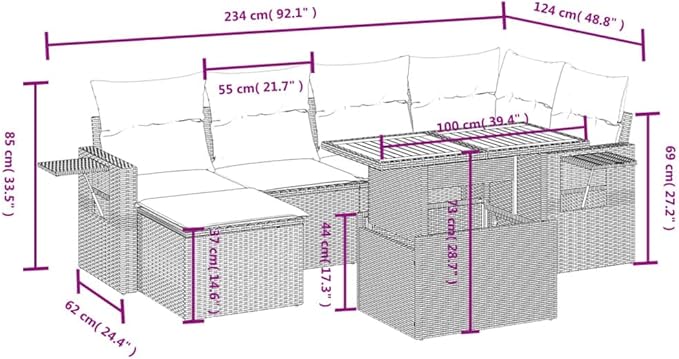 vidaXL Patio Sofa Set with Cushions 7 Piece, Outdoor Sectional Sofa Couch, Patio Conversation Set for Garden Backyard, Gray Poly Rattan