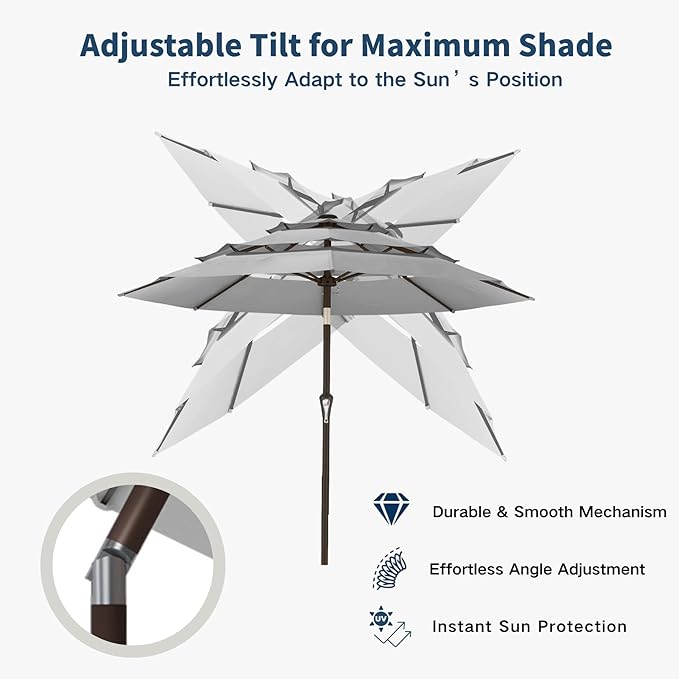 10FT Patio Umbrella 3 Tiers Outdoor Market Umbrella w/Push Button Tilt, Crank, UV and Waterproof Table Umbrella for Garden, Pool, Backyard, Deck, Lawn, Light Gray