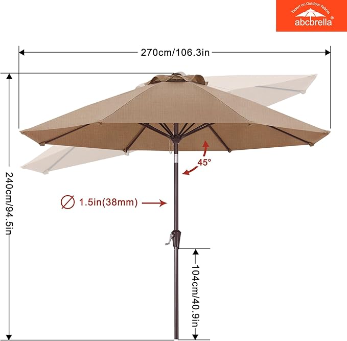 ABCCANOPY OLEFIN® 5-Year No Fading 9FT Patio Umbrella, Outdoor Table Umbrella with 8 Sturdy Ribs for Deck, Backyard, Yard (Light Coffee)