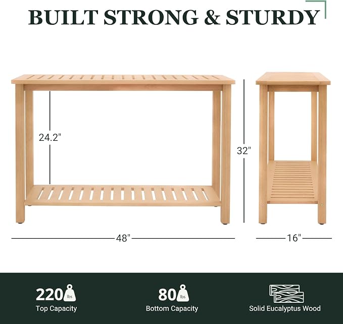 Premium 2-Tier Wooden Console Table with Storage Shelf Solid Eucalyptus Wood 48.03"x 16.14"x 31.1" Entryway Sofa Table for Hallway, Living Room (Natural)