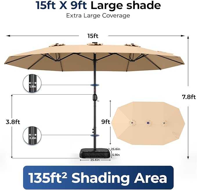 HOMSHADE 15FT Double Sided Umbrella with Light Bar and Base, Rectangle Oversized Patio Umbrellas, Extra Large Outdoor Table Umbrella for Pool, Patio, Garden (Beige)