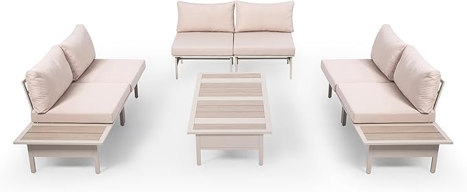 LAUSAINT HOME 8 Pieces Patio Furniture Set, Outdoor Metal Frame Patio Conversation Sets with Coffee Table & Thick Cushions for Garden, Poolside, Backyard(Beige)