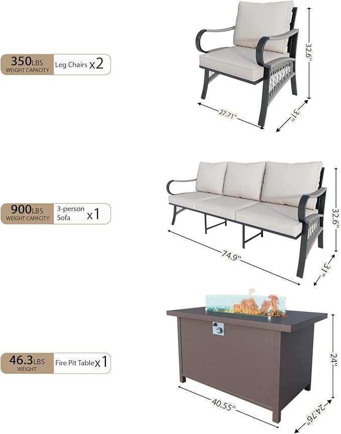 4 Pieces Outdoor Patio Conversation Sets, Outdoor Furniture Set Metal 3-Seater, 2 Single Chairs, Fire Pit Table for Backyard Deck Porch Poolside, Beige