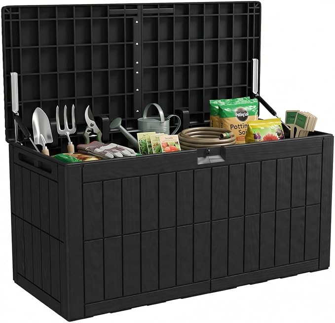 100 Gallon Outdoor Storage Box, Black Resin Deck Box Lockable Storage Bin for Patio Furniture Cushions Pool Accessories Garden Tools, 48.0x24.0x21.2in