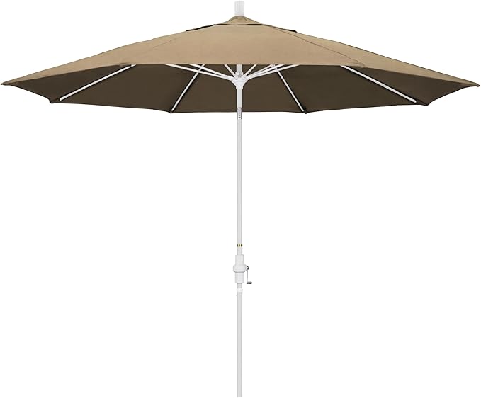 California Umbrella 11Ft Sunbrella Patio Umbrella, Fiberglass Ribs, Hand-Crank, Tilt-Collar, White Frame, Heather Beige Fabric