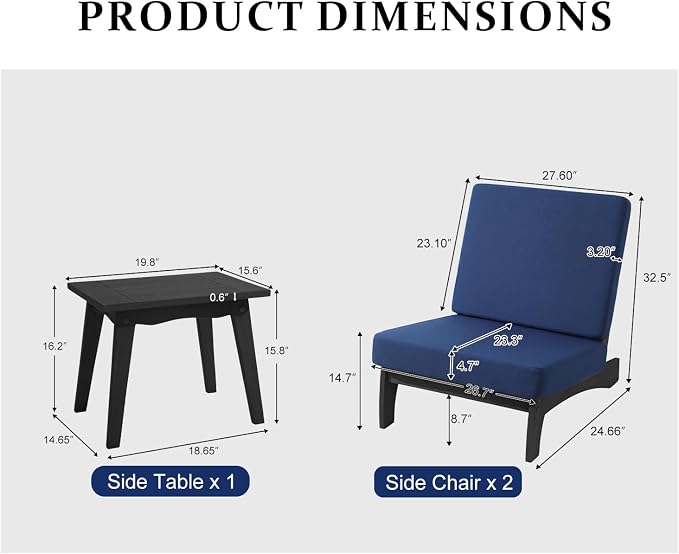Pia Ricoo 3 Piece Patio Bistro Set with Patio Chairs and Table, Heavy Duty Wood Patio Furniture Set, All-Weather Outdoor Chairs for Balcony, Deck, Poolside, Porch - Navy/Dark