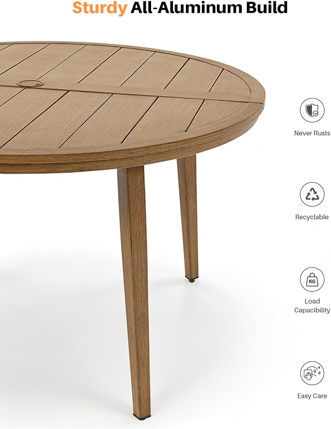 7 Pieces Teak Round Patio Dining Set, Aluminum Outdoor Dining Set Includes Oversize Round Dining Table, 4 Dining Chairs & 2 Swivel Chairs, Outdoor Table and Chairs Set for Yard, Deck, Lawn