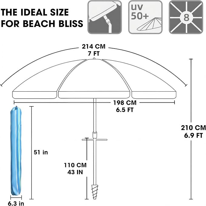 wikiwiki 7ft Beach Umbrella with Sand Anchor & Tilt, UPF 50+ Protection Beach Umbrellas for Sand, with Carry Bag and Hook, for Patio Garden Pool, Light Blue Stripes