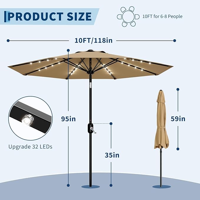 10 ft Patio Umbrella with Solar Lights, Outdoor LED Lighted Umbrella, 40 LED Lights & Tilt Crank, 8 Ribs for Poolside, Deck, Backyard