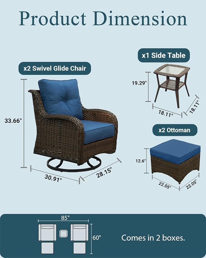 Patio Furniture Set, 5PCS Outdoor Wicker Conversation Set with 6" Thick Cushions, High Back Swivel Rocker Chairs, Weather Resistant Olefin Fabric for Garden, Poolside, Navy Blue