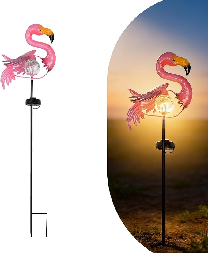 Pink Flamingo Lawn Light Garden Decor Solar Lights, for Yard Outdoor Decorations Ground Inserted Outdoor Waterproof Garden Lamp with Crackle Glass Ball LED (Warm White)