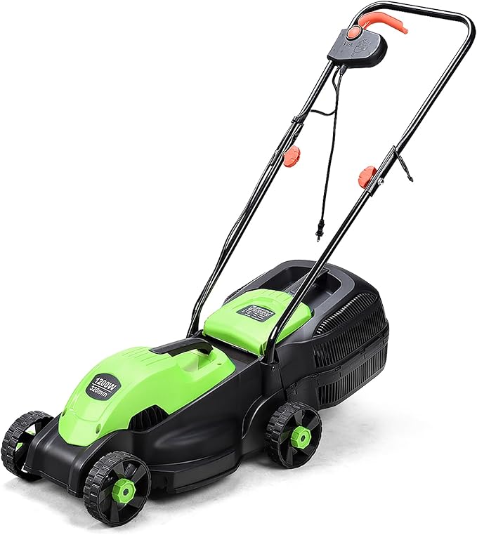 IRONMAX Electric Lawn Mower, 12.5 Amp 1200W Corded Push Mower with 3 Cutting Heights, 30L Grass Collection Bag, Folding Handle, 13" Walk-Behind Lawn Mowers for Yard Garden Farm (Green)