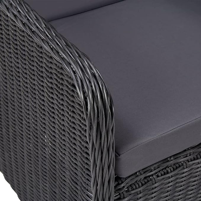 5-Piece Outdoor Dining Set Black Solid Acacia Wood Rectangular Table 59"x35" PE Rattan Chairs with Cushions for Patio Garden Balcony Backyard Seating 4