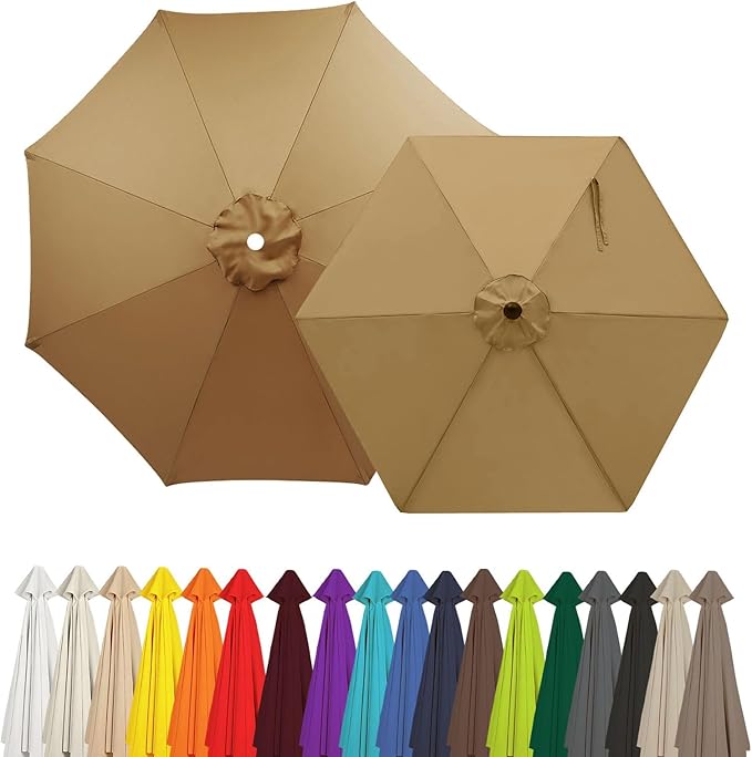 Outdoor Umbrella Replacement Canopy, 6 Ribs 8 Ribs Patio Umbrella Replacement Top Cover, 6.6ft 9 ft 10ft 13ft Waterproof Umbrella Top Canopy Fabric Replacement Canvas(Khaki,9.2FT 8-Ribs)