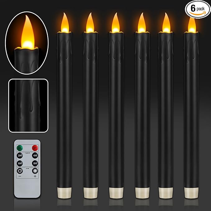 wemarry 6 Pcs Black Flameless Taper Candles with Remote, 10" Tall Electric Led Candlesticks, Plastic Battery Operated Taper Candles for Halloween Dinner Party Wedding Birthday Home Décor(Black Drip)