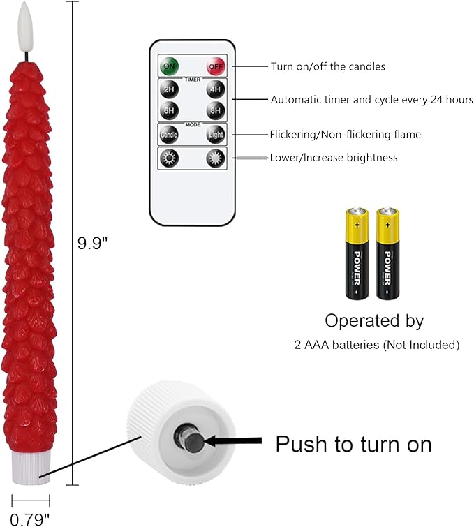 DRomance Christmas Tree Flameless Taper Candles Battery Operated with 10-Key Remote and Cycle Timer 4 Pack Real Wax 3D Wick Flickering LED Candlesticks Holiday Decor(Red, 0.79 x 9.9 Inch)