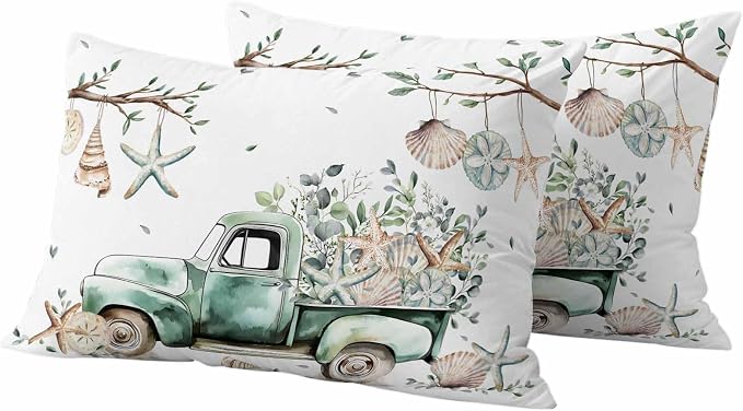 Sage Green Truck Outdoor Waterproof Throw Pillow Covers Set of 2, 20"x12", Ocean Starfish Shell Summer Leaf Decorative Pillow Covers Outside Cushion Case for Patio Porch Garden