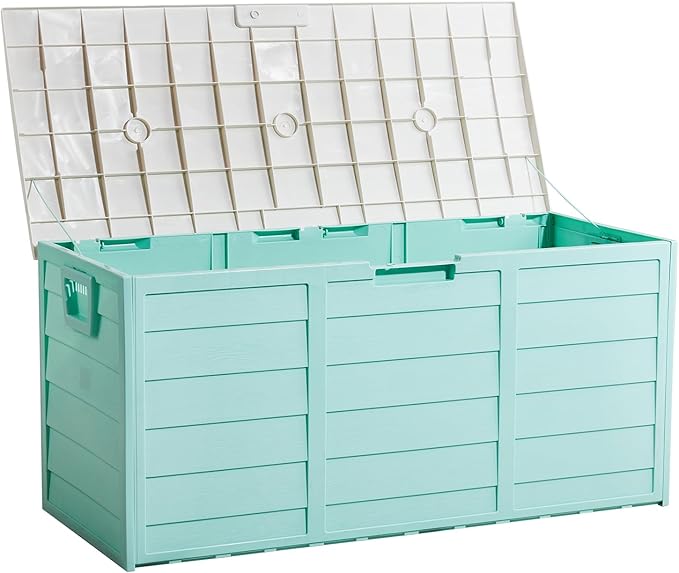 75 Gallon Large Outdoor Storage Box, Indoor and Outside Deck Box with Lockable Design Lids, Waterproof Resin Storage Containers Bin for Garden Garage Patio Poolside Toy Storage White & Green