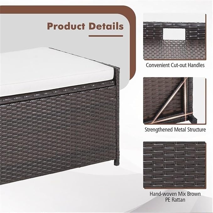 Pemberly Row 34 Gallon Patio Wicker Storage Deck Box, Hand-Woven PE Rattan Finish, Off Brown Color, Water-Resistant Lining, Gas Strut Lid, Cushion Seating, Multi-Functional for Outdoor Use