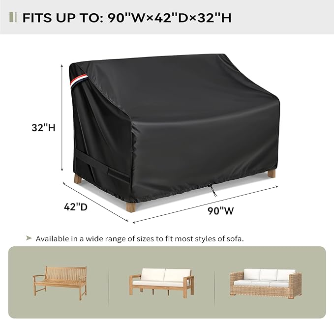 KylinLucky Patio Furniture Sofa Covers 90W x 42D x 32H inches,3-Seater Outdoor Waterproof Couch Loveseat Bench Cover Black
