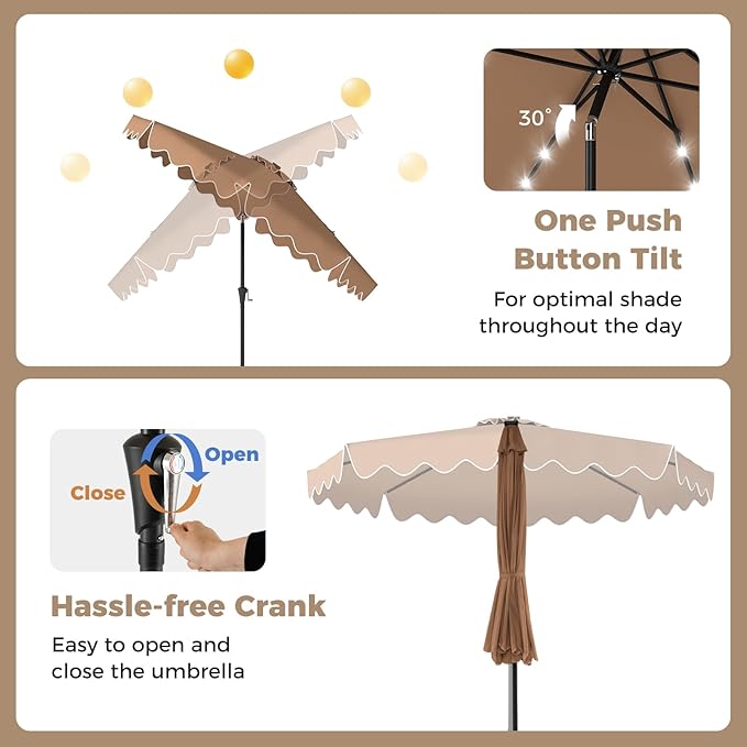 Tangkula 10 FT Solar Patio Umbrella with Base Included, 2-Tiers Outdoor Scalloped Table Umbrella with 32 LED Lights, 2 Sandbags, Tilt Adjustment, Crank, 8 Ribs for Market Backyard Pool Deck Beach Lawn (Coffee, 10 FT)