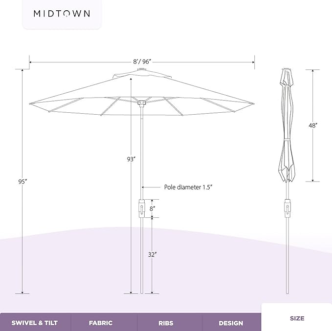 Midtown Umbrellas – The Swilt 8 Ft Patio Umbrellas with 360° Swivel & Tilt Mechanism, Fiberglass Ribs & Terylast Polyester Fabric for Backyard, Deck, Pool & Cafes - Textured Purple Canopy, Black Pole