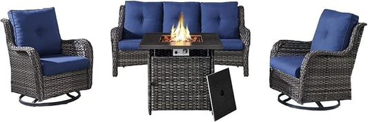 Belord 4 Piece Patio Wicker Furniture Set, Outdoor Swivel Rocker Chairs, All Weather Outdoor Patio Couch with Fire Pit Table for Deck Porch, Gray Wicker/Blue