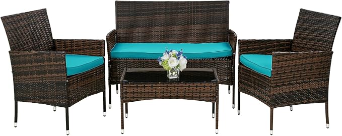 PayLessHere Outdoor Furniture Set 4 Pcs Modular Patio Furniture Set Water Resistant Conversation Set with 3 Rattan Chairs 1 Tempered Glass Topped Table for Patio Poolside, Brown Wicker/Blue Cushions