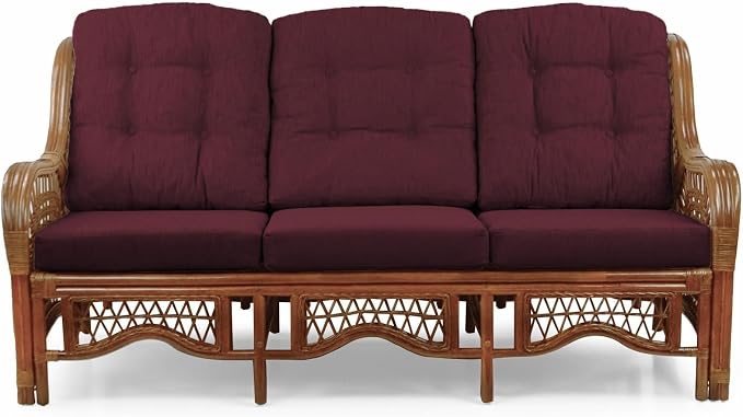 Malibu Lounge Set of 4: 2 Natural Rattan Wicker Chairs, Three-Seater Sofa with Cushions and Coffee Table with Glass Handmade, Colonial Color