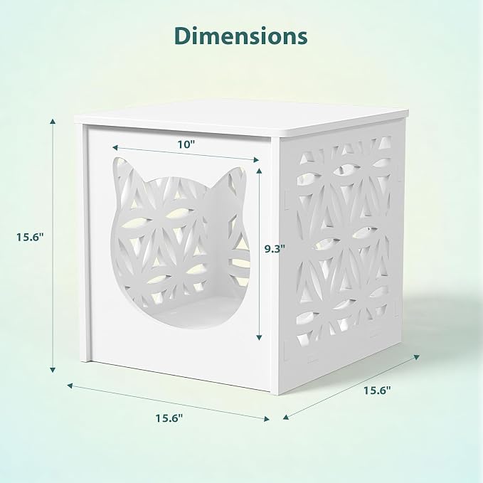 VINGLI Outdoor Side Table with Cat House and LED Light, 15.6" Resin Waterproof Square Side Table End Table for Patio Garden Balcony Porch (White)