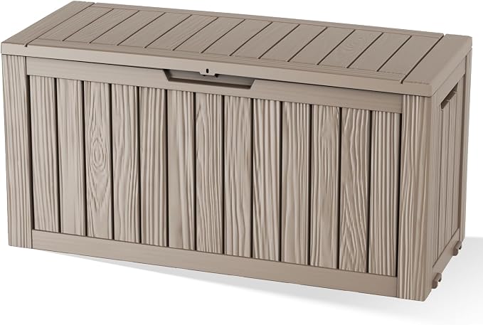 Pepe Tee Waterproof Resin Deck Box, Outdoor Storage Bin for Patio Furniture Cushions, All-Weather Garden Organizer & Seating Bench, Coffee