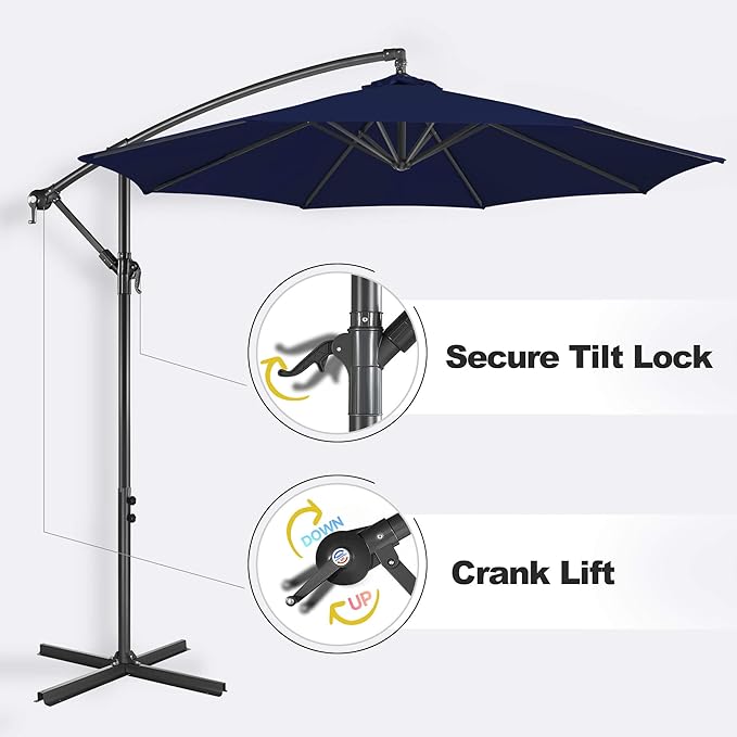 FLAME&SHADE 10ft Cantilever Patio Umbrella Outdoor, Large Offset Umbrella with Crank and Cross Base, UPF 50+ UV Protection Hanging Umbrella for Pool Deck Garden (Navy Blue)
