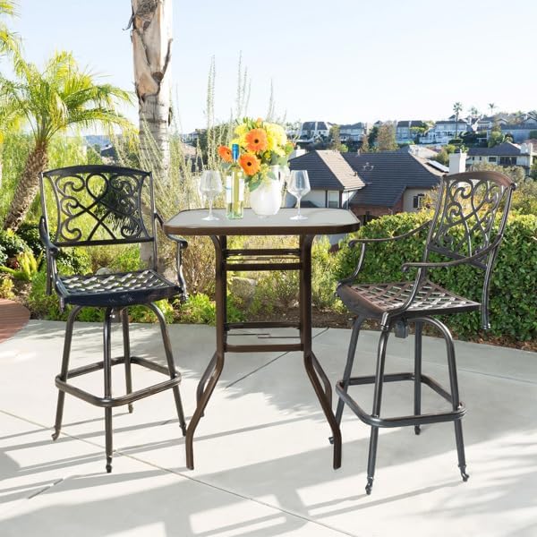 Outdoor Bar Table with Umbrella Hole, End Table with Glass Top, Patio Coffee Bistro Table for Indoor Garden Porch Balcony (Brown, Square 31x31x40in)