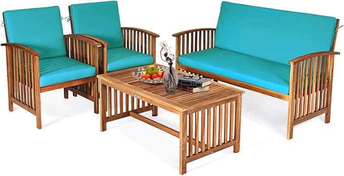 Tangkula Outdoor 4 PCS Acacia Wood Sofa Set w/Water Resistant Cushions, Padded Patio Seating Chat Set w/Coffee Table for Garden, Backyard, Poolside (1, Turquoise)