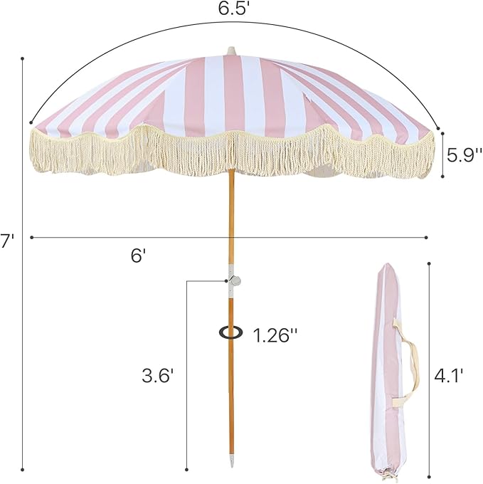 Table Umbrella Windproof 6.5ft Boho Beach Umbrella With Fringe UV50+Tassel Umbrellas Portable Outdoor Umbrella With Carry Bag Pink White Striped Patio Umbrella Tilting Wood Pole for Garden Pool