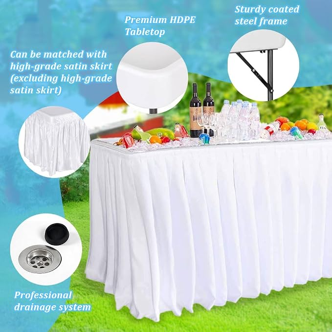 Folding Ice Cooler Table 5ft with Drain, White | Portable Chill Station, No Setup Required, Skirt-Ready, For Parties, Picnics & BBQs, Load & Serve Drinks & Food