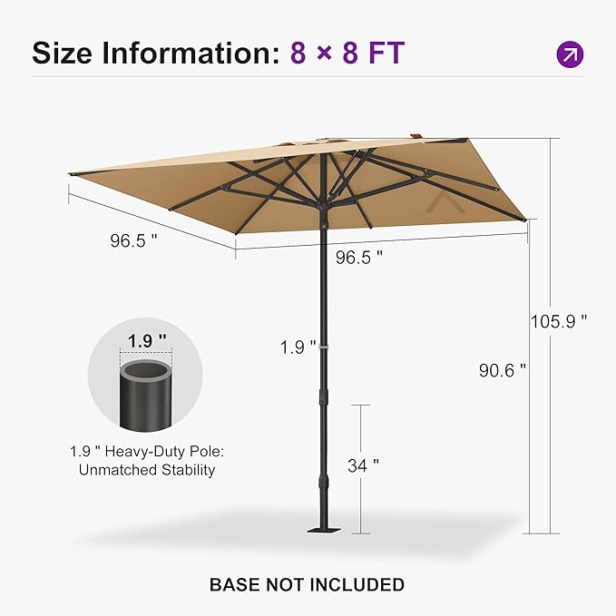 PURPLE LEAF 8' x 8' Square Semi-Auto Outdoor Patio Umbrella Aluminium Market Umbrella Table Sun Umbrella with 1.89" Rod and 8 Sturdy Ribs for Deck Lawn Pool Garden, Beige