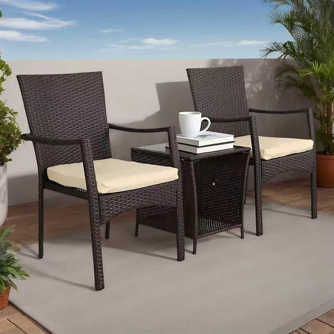3-Piece Outdoor Patio Set, PE Wicker Patio Furniture Set, with Easy-to-Clean Removable Cushions and Glass Table, Garden Leisure and Entertainment Chat Set (Brown)