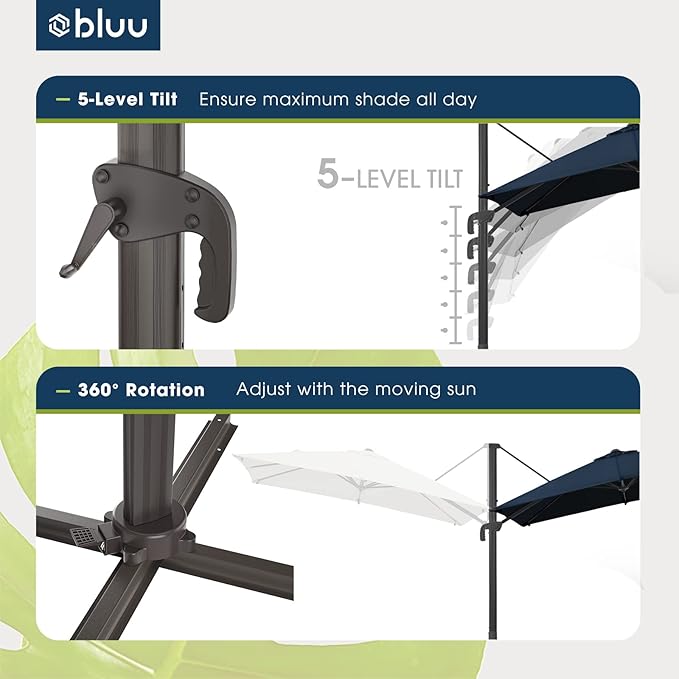 BLUU SYCAMORE 8.2 * 8.2 FT Square Cantilever Patio Umbrella, Aluminum Outdoor Offset Umbrella with UV Protection Solution-dyed Fabric Canopy, 360° Rotation Infinite Tilt & Cross Base (Navy Blue)