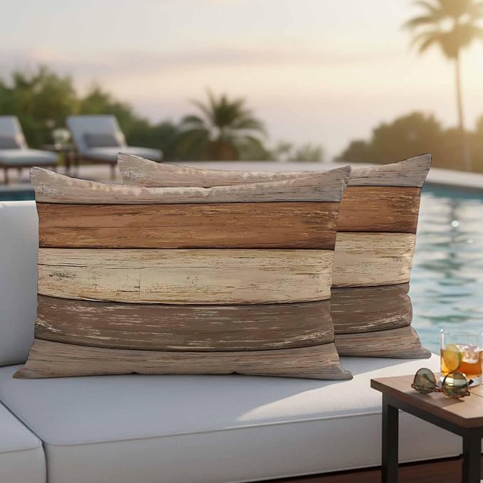 Farmhouse Beige Brown Outdoor Waterproof Pillow Covers, Vintage Wooden Striped Decorative Rectangle Throw Pillowcase Sofa Cushion Sham for Patio/Couch/Chair, 20"x12" 2 Pack